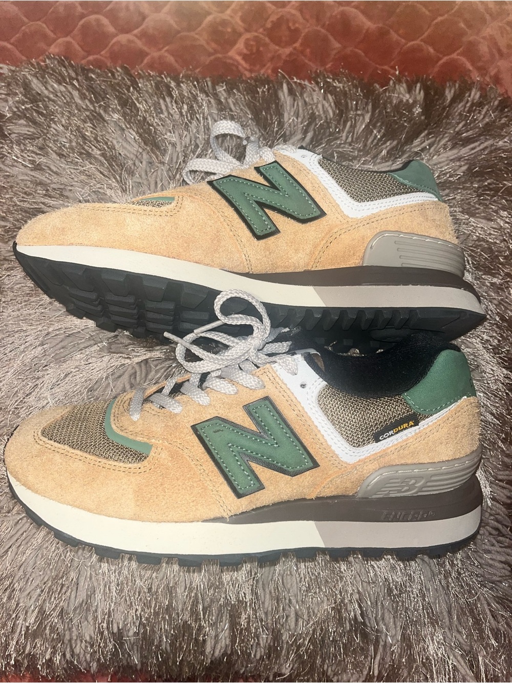 New Balance Tan Suede Sneakers with Green Logo Accents…in great condition
